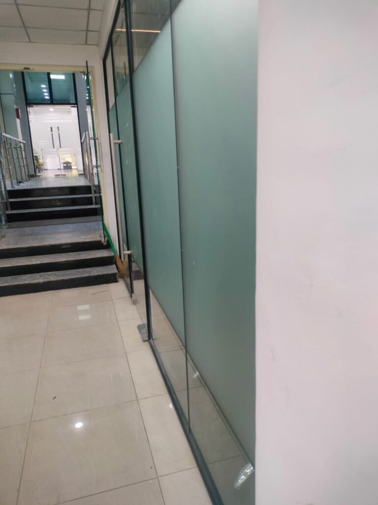 artificial grass, gypsum partitions, glass film installation